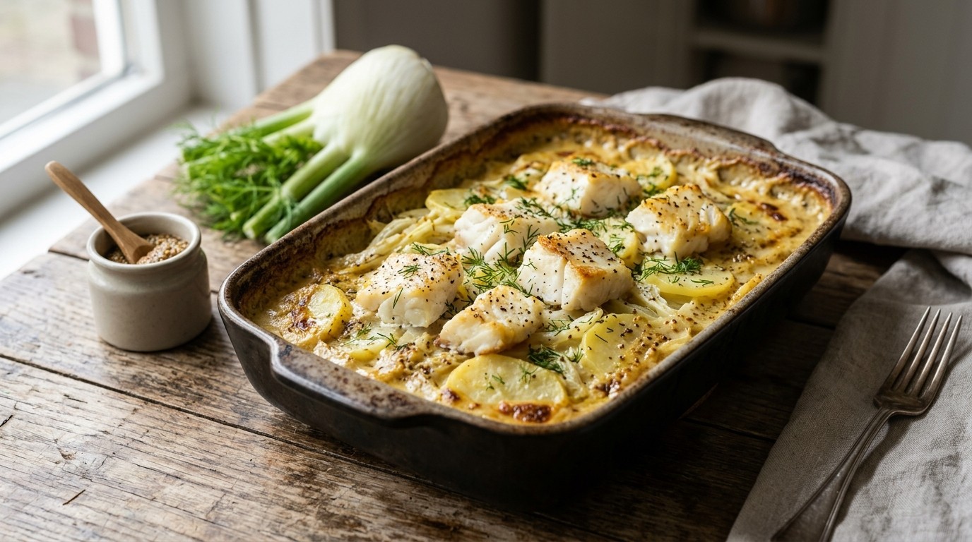 Aardappel-kabeljauwschotel met Romige Mosterdsaus recept Aardappel-kabeljauwschotel met Romige Mosterdsaus recept