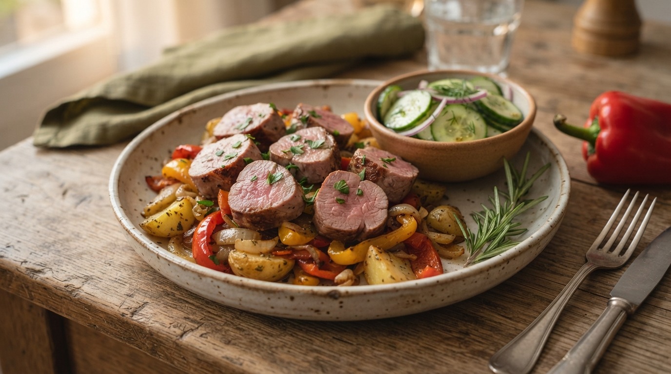 Aardappel-paprikaschotel met Varkensfilet en Komkommersalade