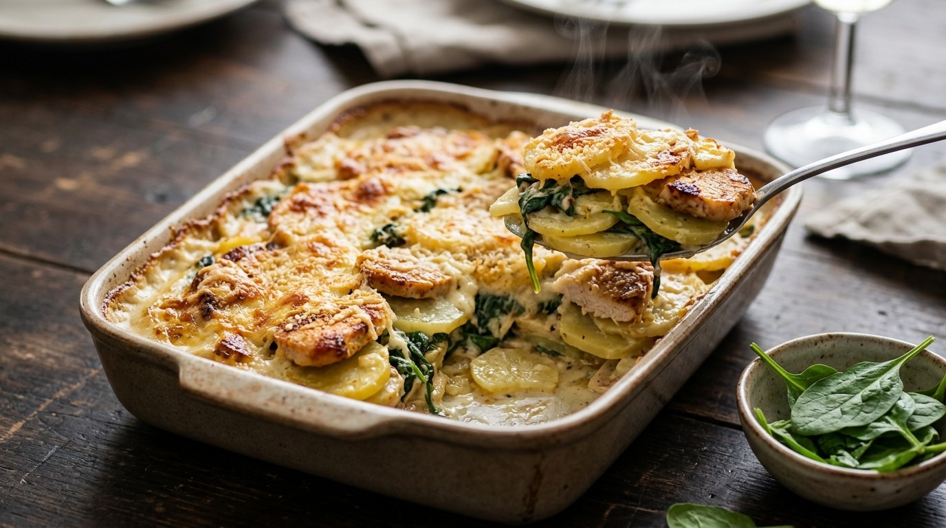 Aardappel-spinazieschotel met Kalkoenfilet