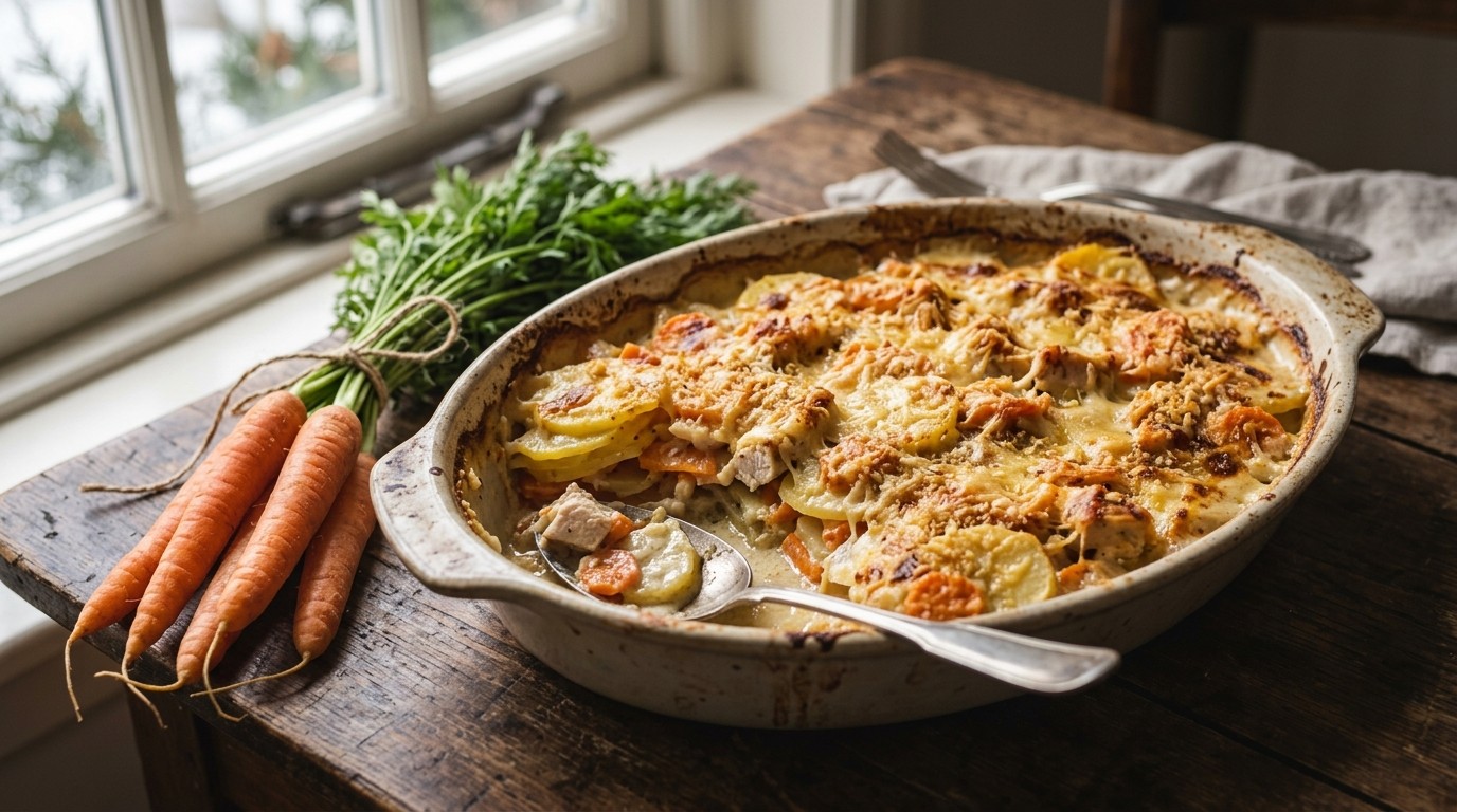 Aardappel-wortelgratin met kip recept Aardappel-wortelgratin met kip recept