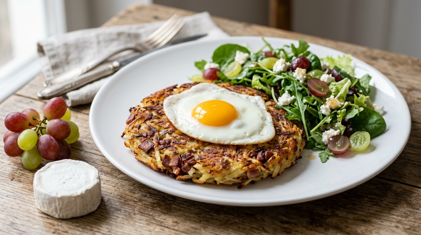 Aardappelrosti met sla en Gebakken ei