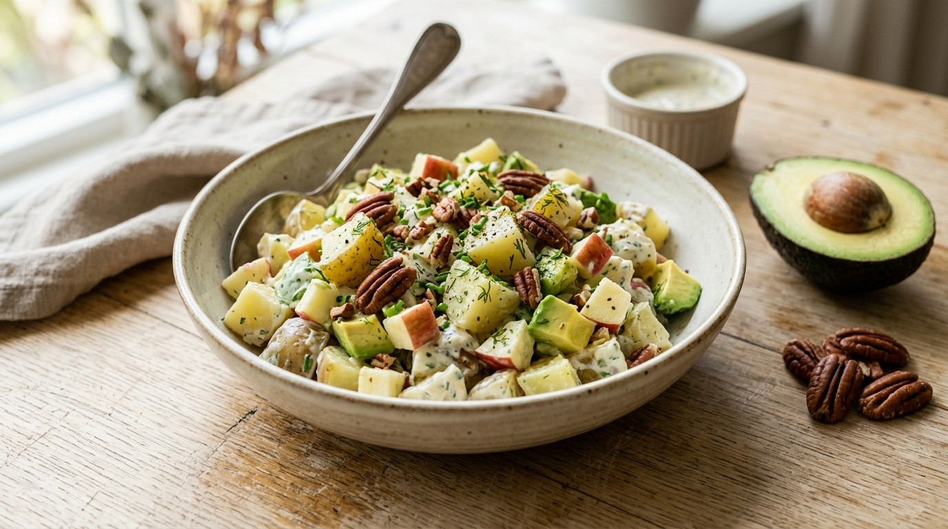 Aardappelsalade met Appel, Avocado en Pecannoten