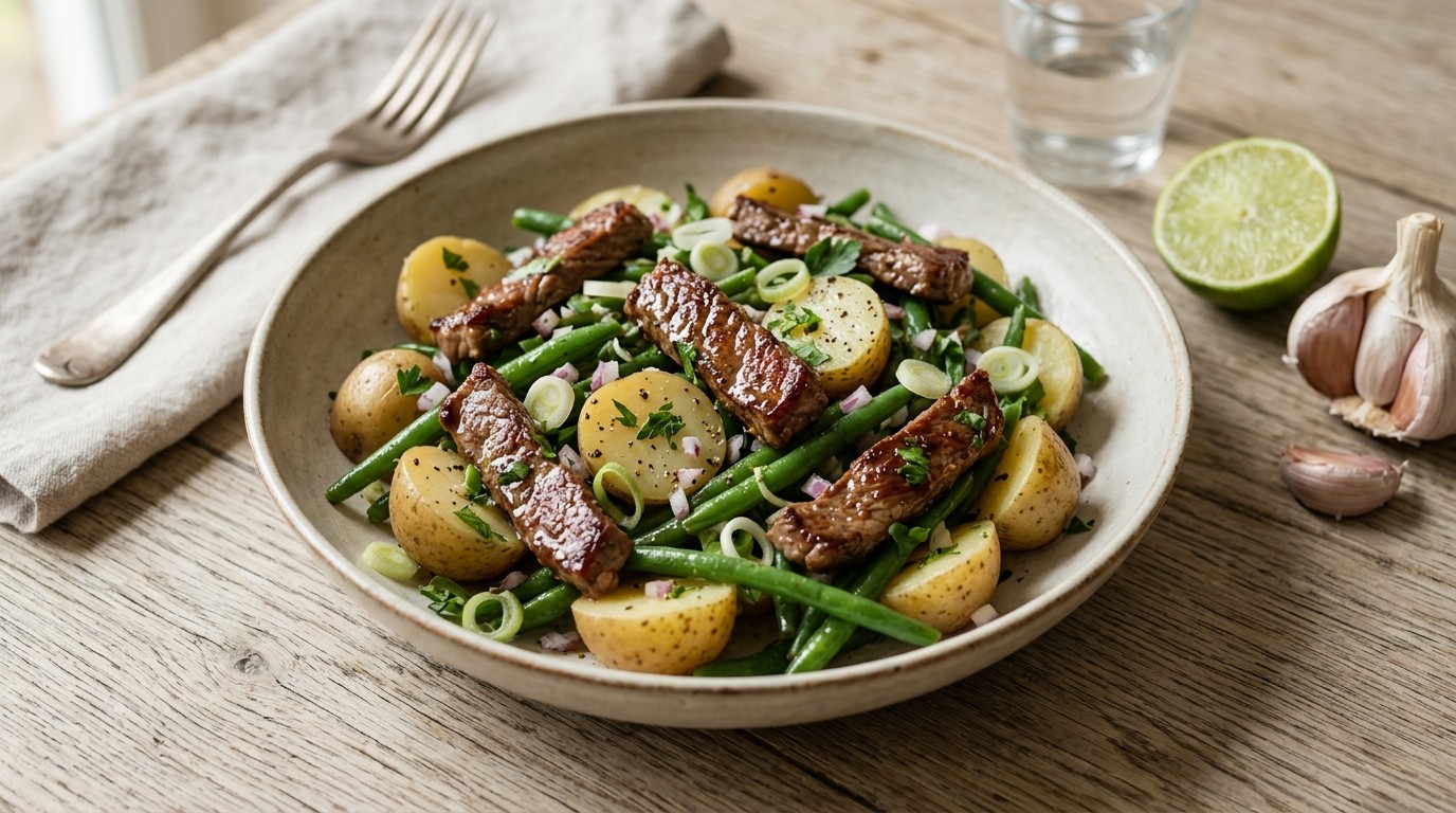 Aardappelsalade met Boontjes en Runderreepjes
