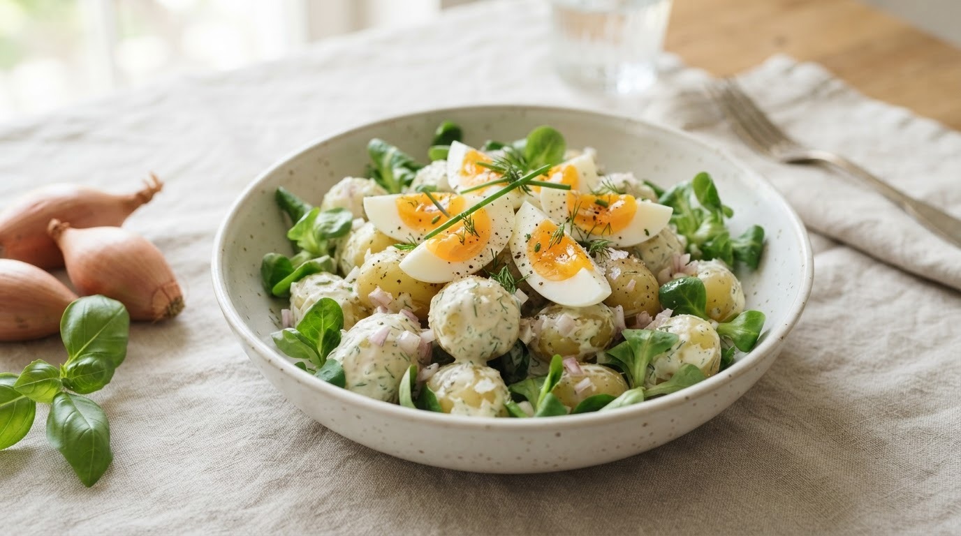 Aardappelsalade met Creme Fraiche, Sjalot en Veldsla