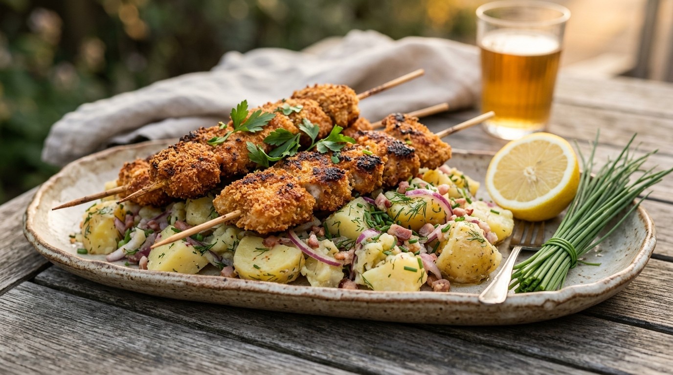 Aardappelsalade met Schnitzelspiesjes