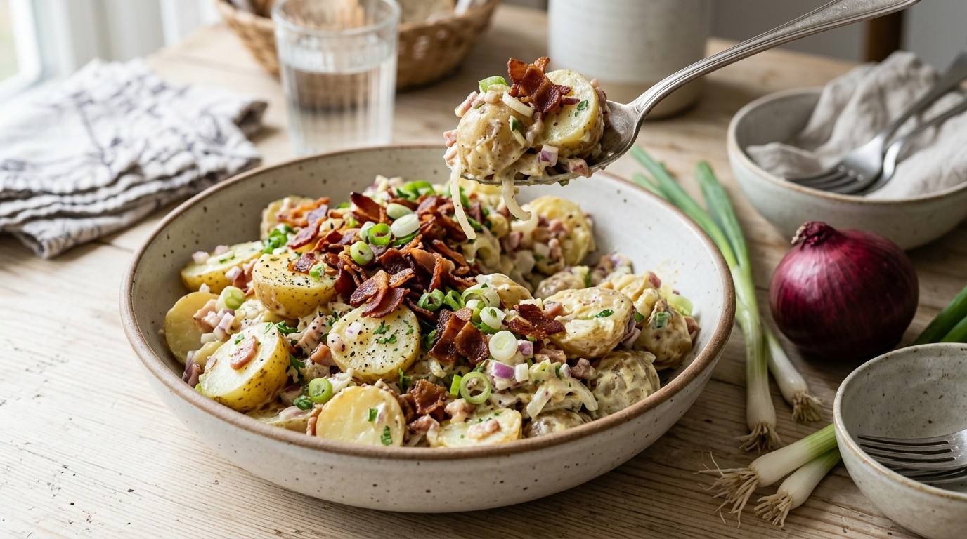 Aardappelsalade met ui en Krokante Uitgebakken Spek recept Aardappelsalade met ui en Krokante Uitgebakken Spek recept