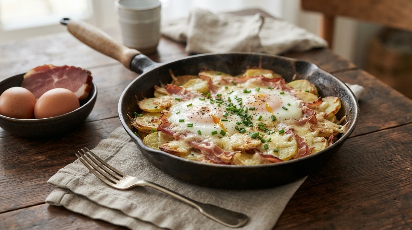 Aardappelschotel met Eieren, ham en Kaas