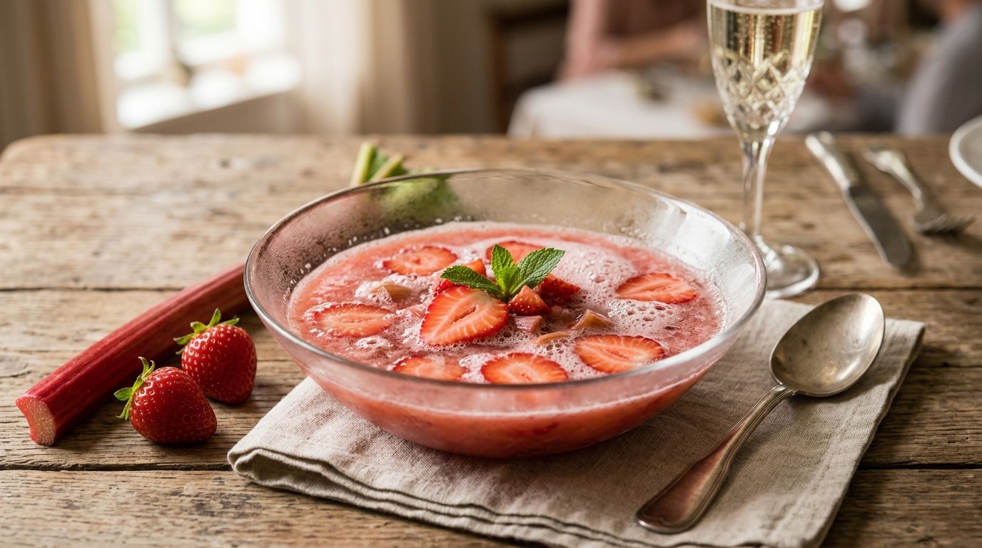Aardbei-rabarbersoep met Champagne
