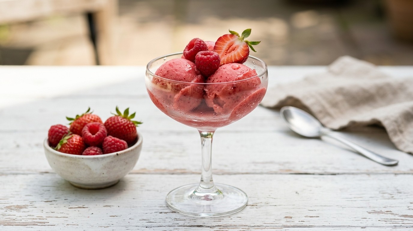 Aardbeien-frambozensorbet