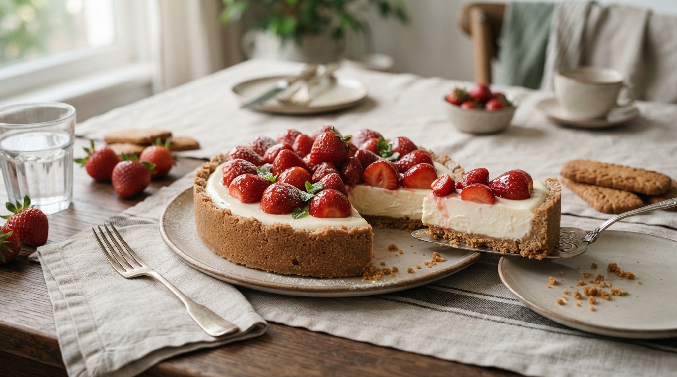 Aardbeien-yoghurttaart met Bastognekoeken