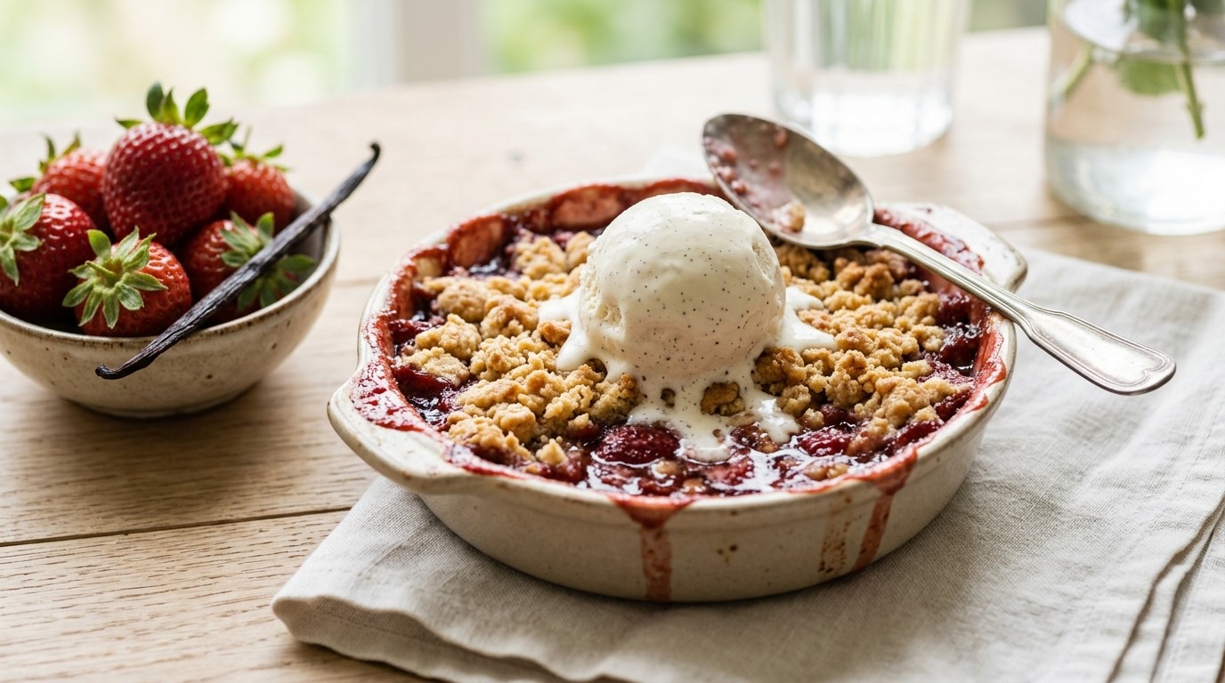 Aardbeiencrumble met Vanille-ijs