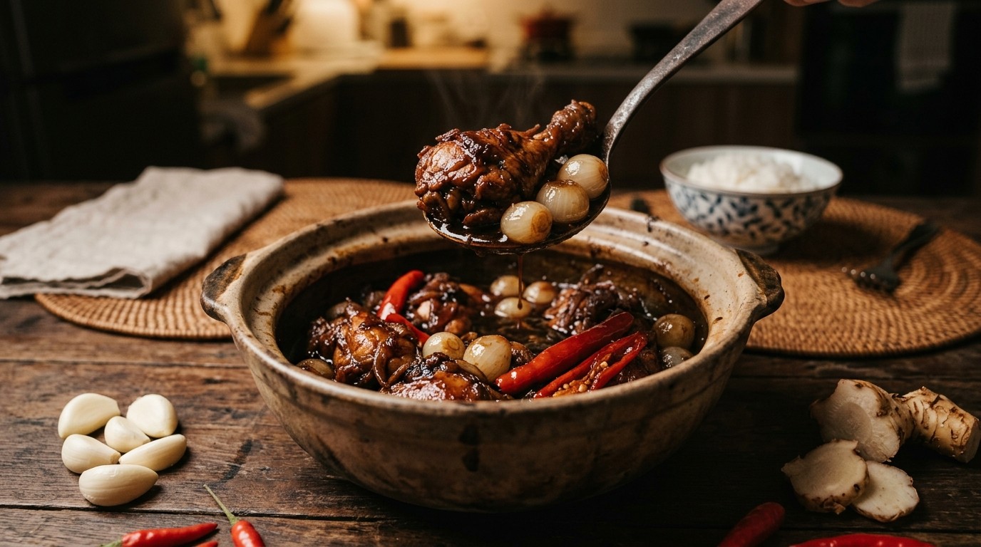 Ajam Bawang Dua (gestoofde kip met Zilveruitjes)
