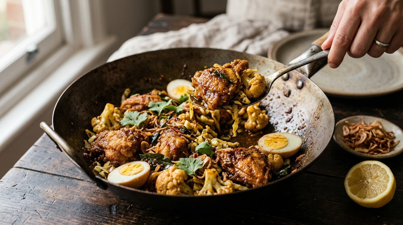 Ajam Goreng Kol (gebakken kip met Bloemkool)