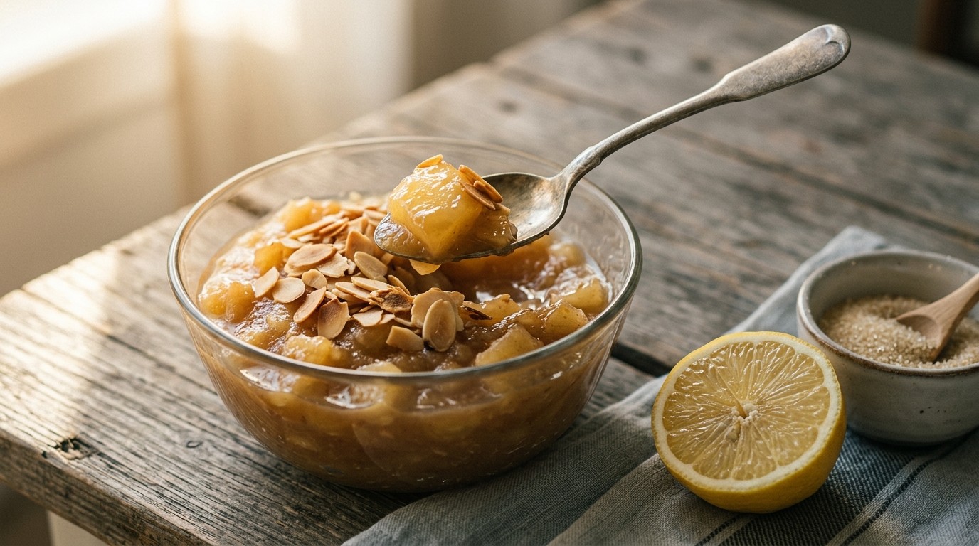 Appelcompote met Amandelschaafsel recept Appelcompote met Amandelschaafsel recept