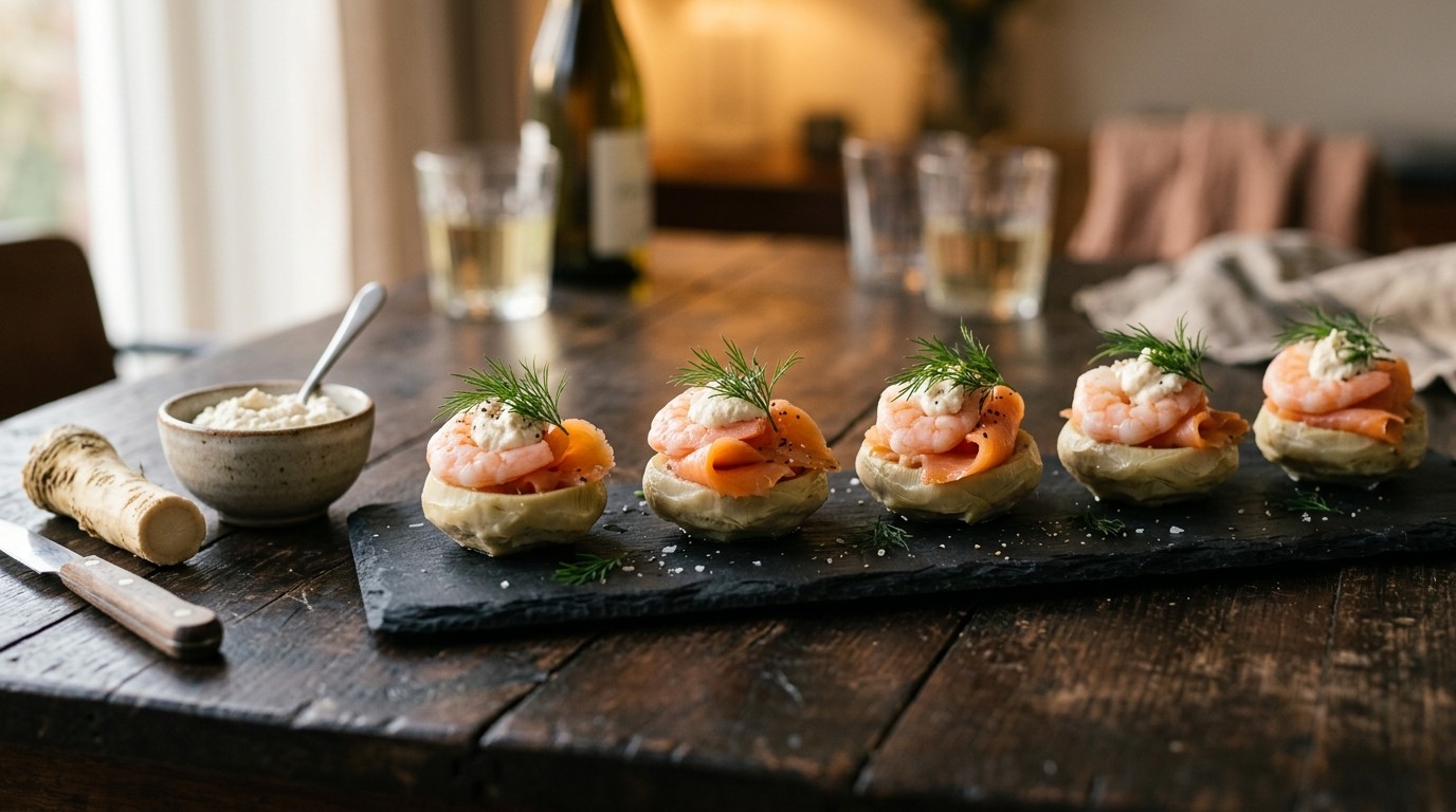 Artisjokbodems met Zalm en Garnalen ( Fonds D'Artichauts au Saumon et aux Crevettes) recept Artisjokbodems met Zalm en Garnalen ( Fonds D'Artichauts au Saumon et aux Crevettes) recept