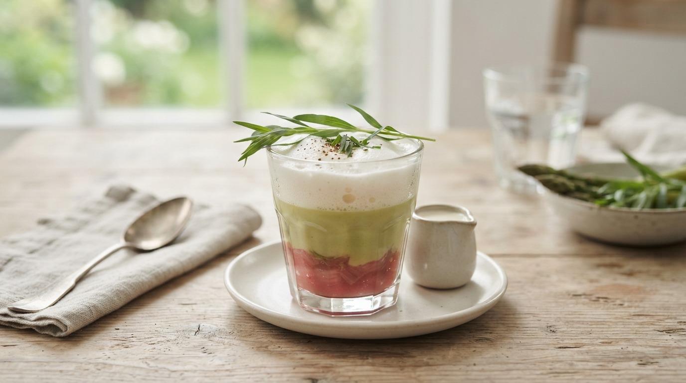 Asperge-dragon Cappucino op een Compote van Rabarber recept Asperge-dragon Cappucino op een Compote van Rabarber recept