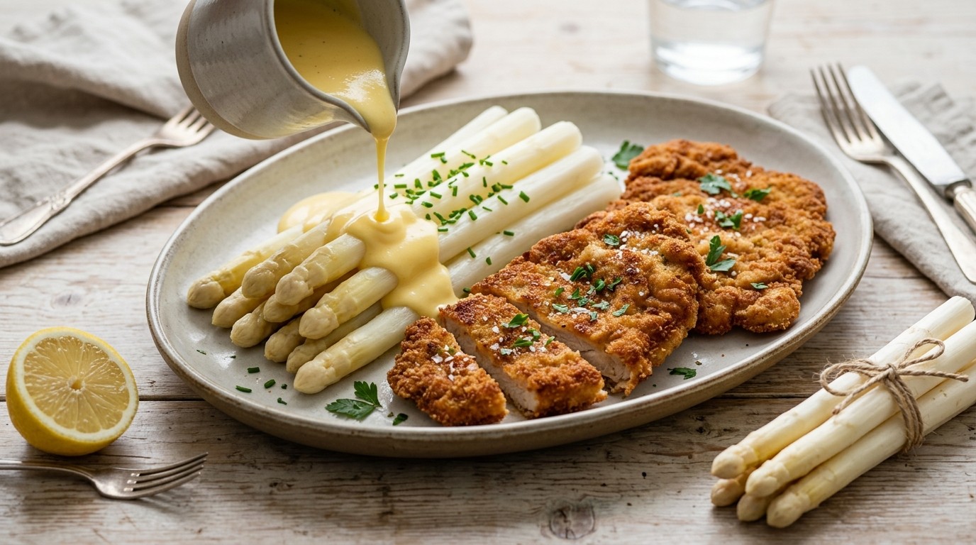 Asperges met Kippen- en Varkensschnitzels en Snelle Hollandaisesaus