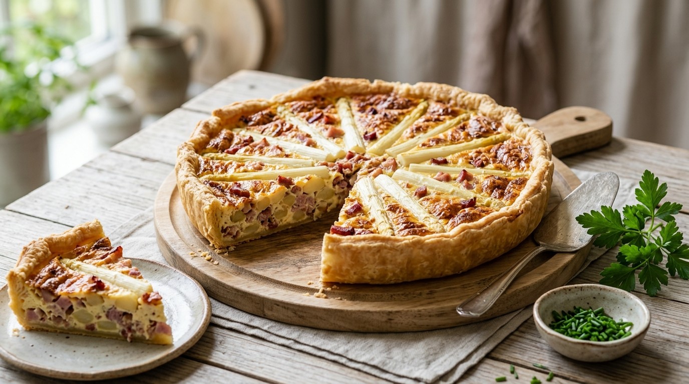 Aspergetaart met Bacon, Schouderham en Geraspte Belegen Kaas recept Aspergetaart met Bacon, Schouderham en Geraspte Belegen Kaas recept