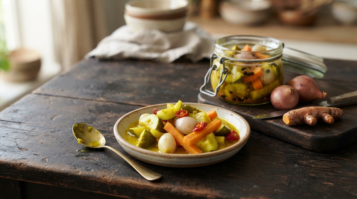 Atjar Kuning (zoet Zure Komkommer en Sjalotjes) recept Atjar Kuning (zoet Zure Komkommer en Sjalotjes) recept