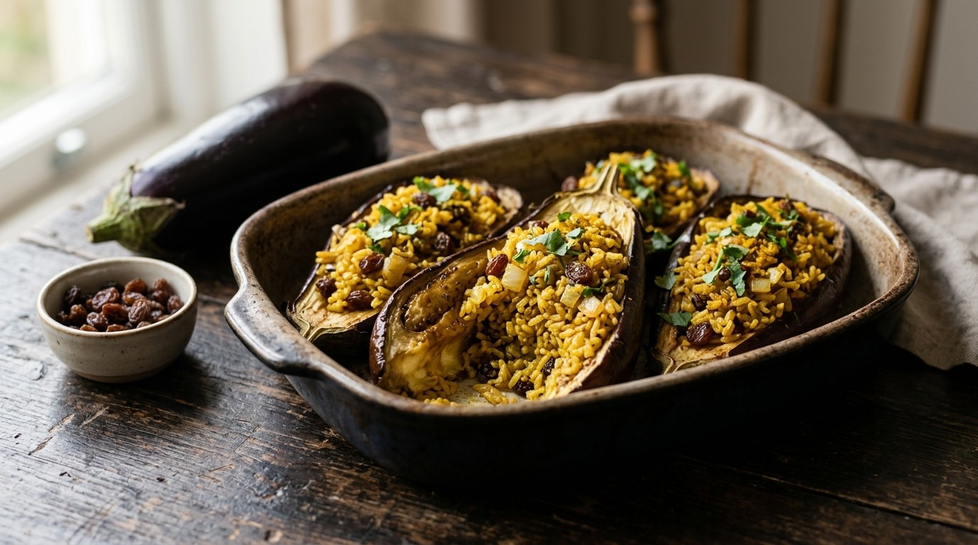 Aubergine Gevuld met Kerrierijst