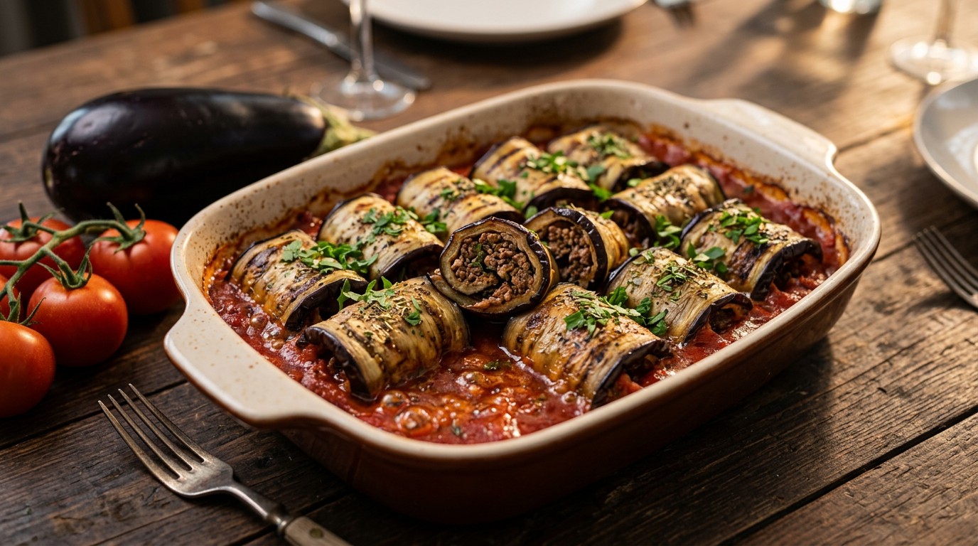 Auberginerolletjes Gevuld met Gehakt recept Auberginerolletjes Gevuld met Gehakt recept