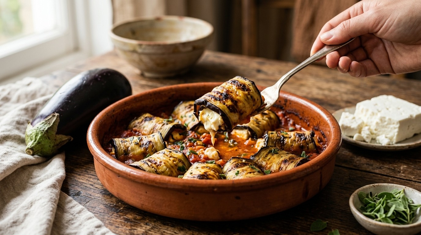 Auberginerolletjes met Feta in Tomatensaus
