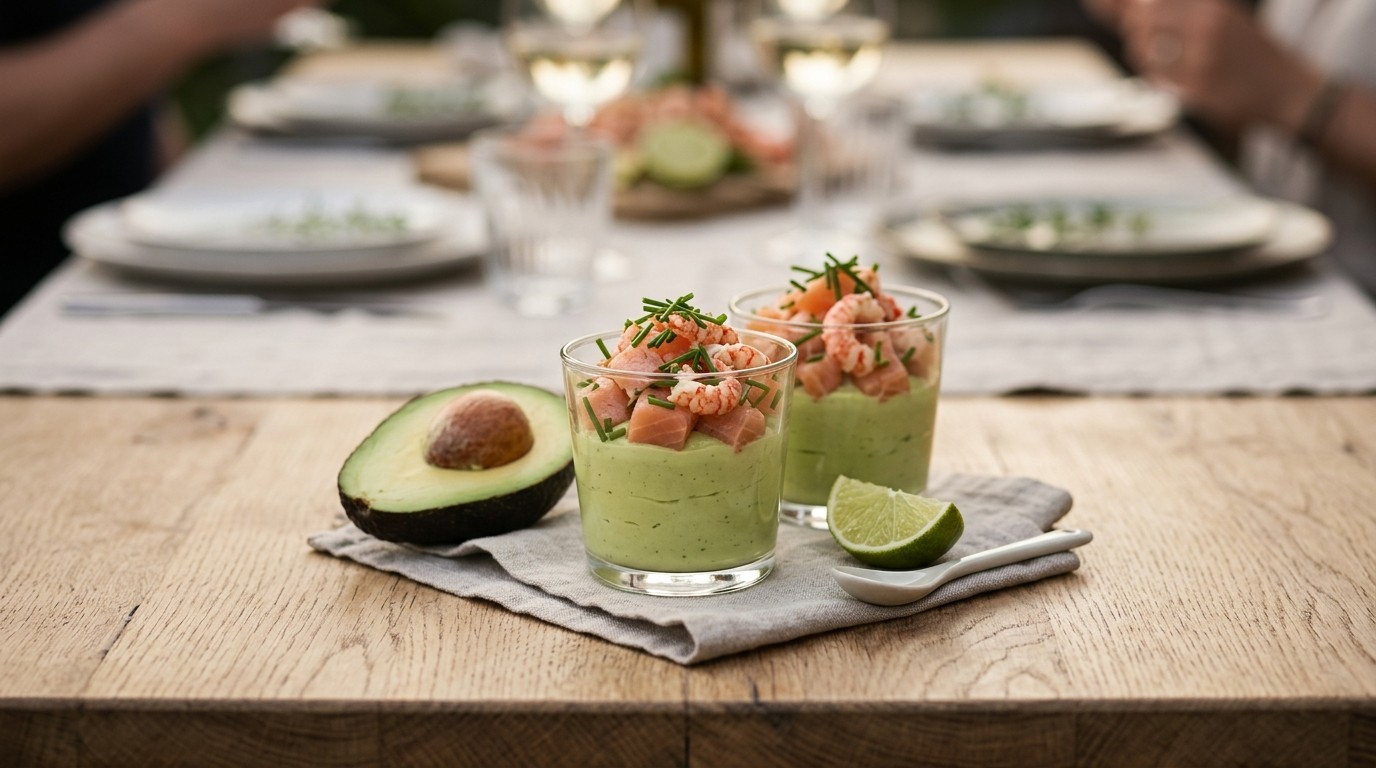 Avocadocrème met Zalmblokjes en Rivierkreeftjes