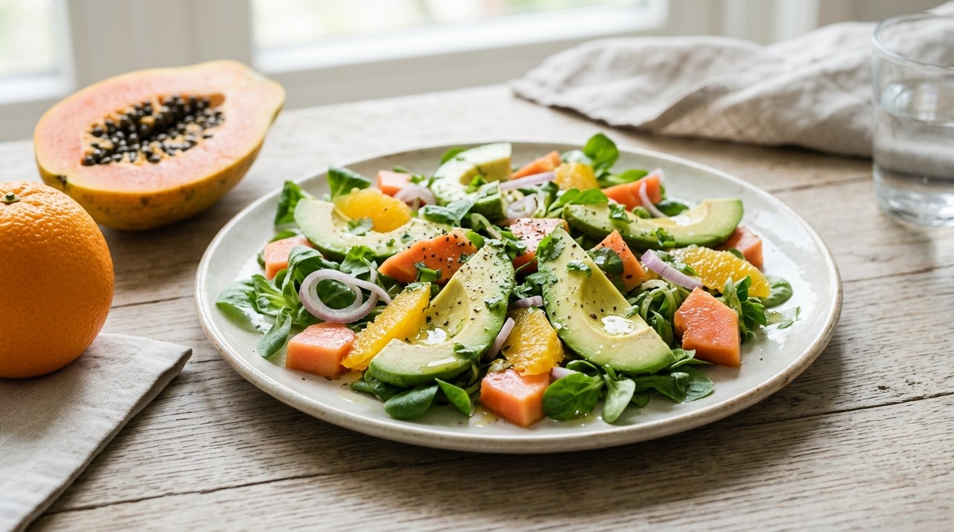 Avocadosalade met Papaya, Sinaasappel en Sjalotjes