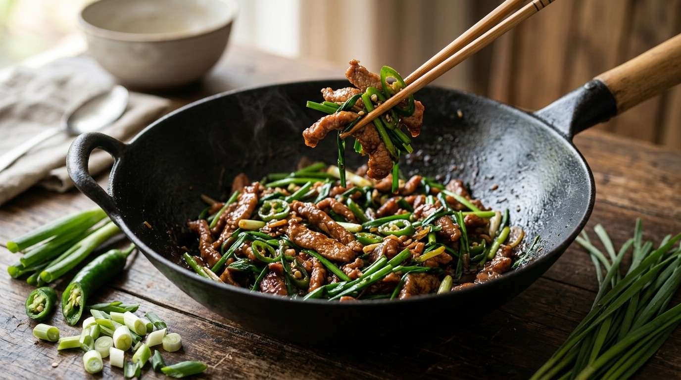 Babi Kucai (pittige Varkensreepjes met Prei in Ketjapsaus)