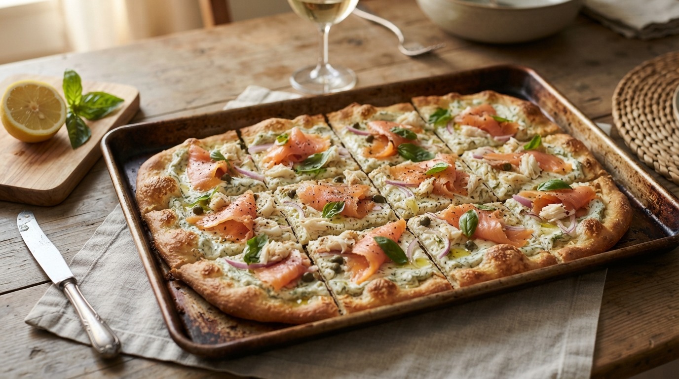 Bakplaatpizza met Gerookte Zalm en Krab