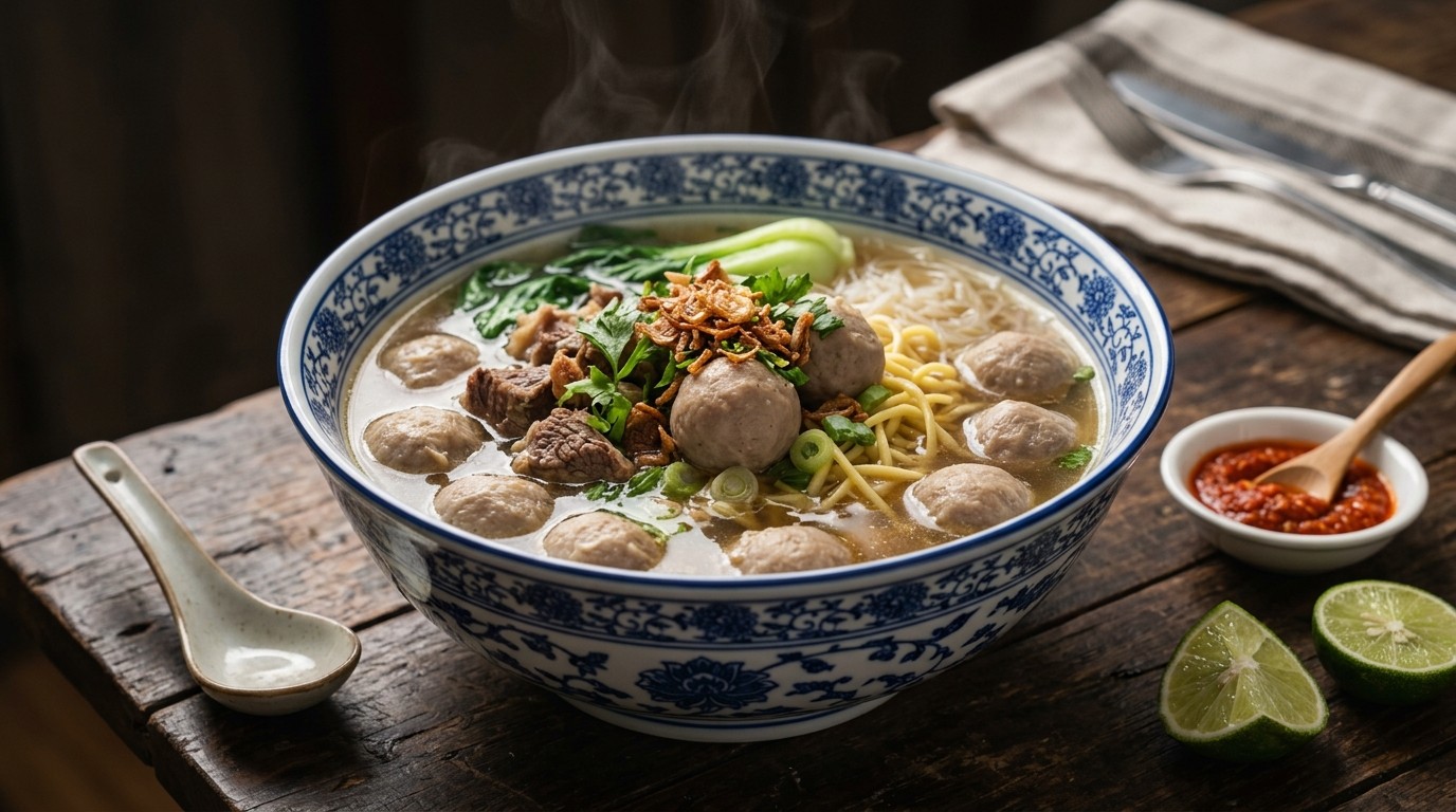 Bakso Tetelan (balletjes van Rundvlees in Bouillon)