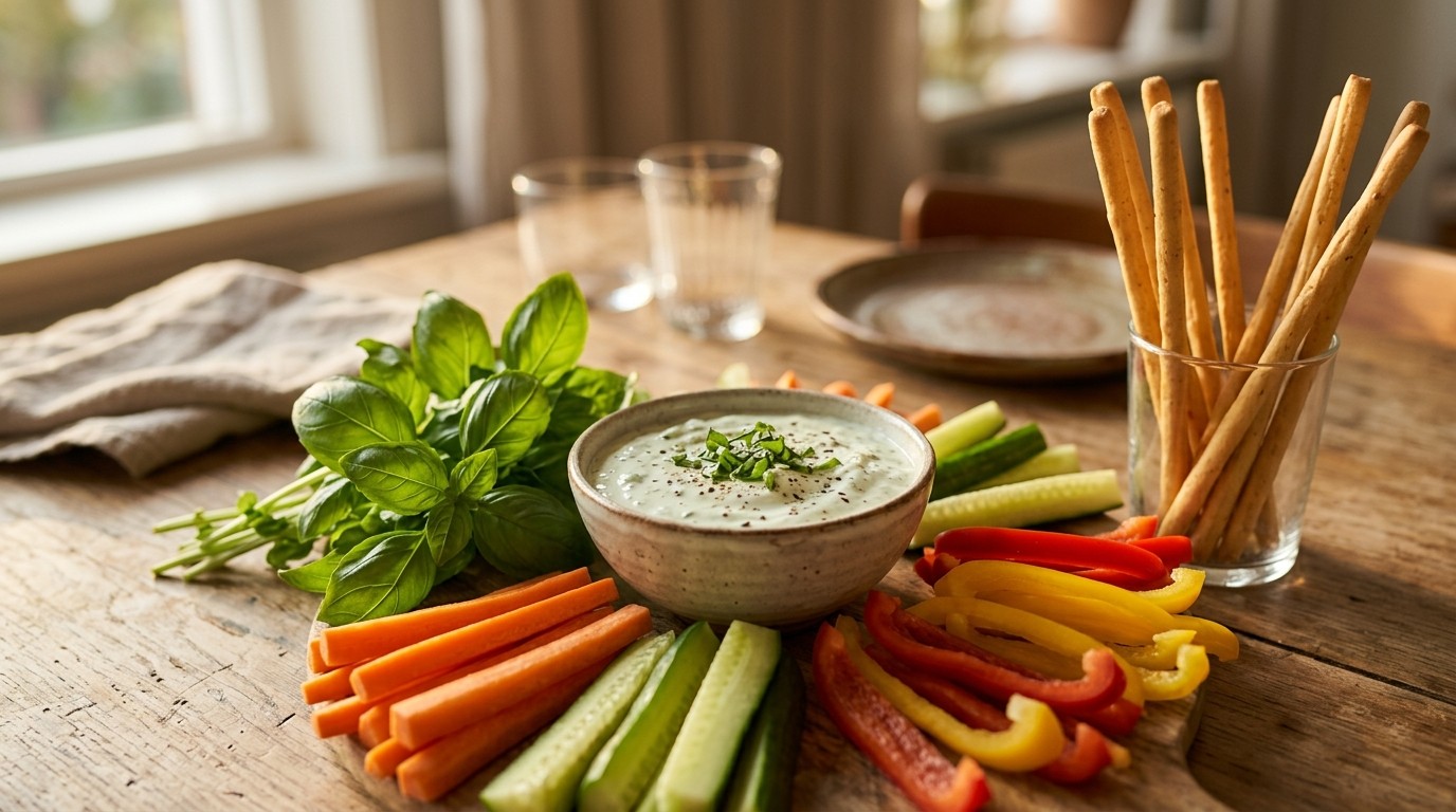 Basilicum-yoghurtdip met Groenten en Soepstengels