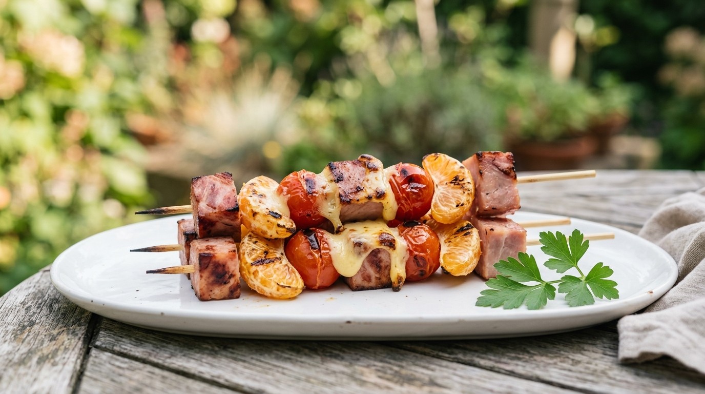 BBQ Spiesjes met ham, Kaas, Tomaat en Mandarijn
