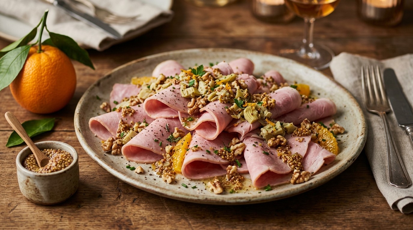 Beenham met Fijngesneden Artisjok en Walnotendressing recept Beenham met Fijngesneden Artisjok en Walnotendressing recept