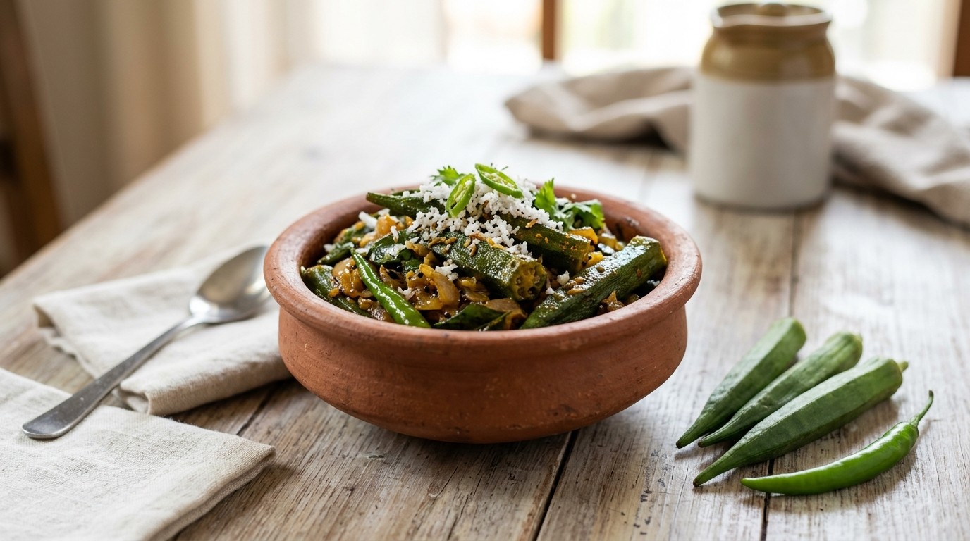 Bhindi Foogath (Gestoofde Okra's met Chilipeper) recept Bhindi Foogath (Gestoofde Okra's met Chilipeper) recept