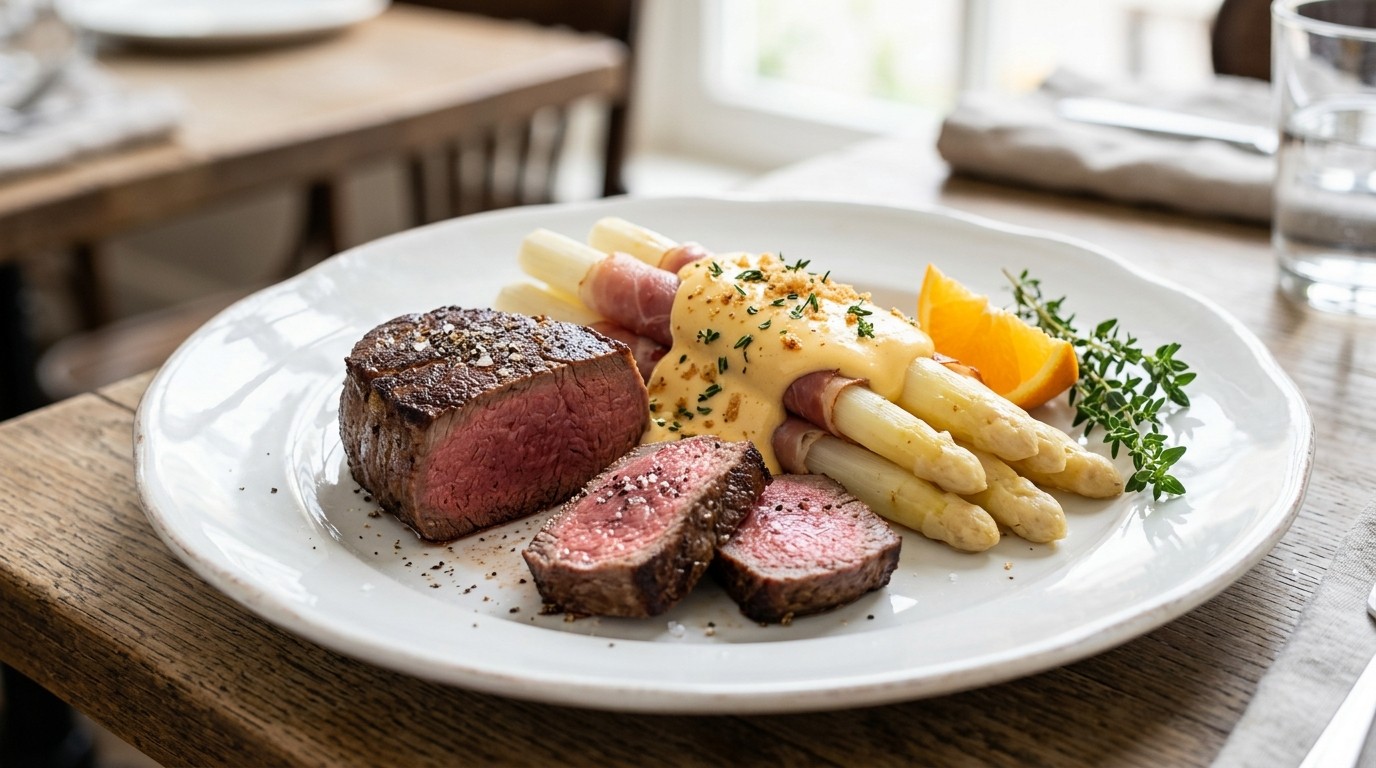 Biefstuk en Asperges met Sinaasappel-hollandaisesaus