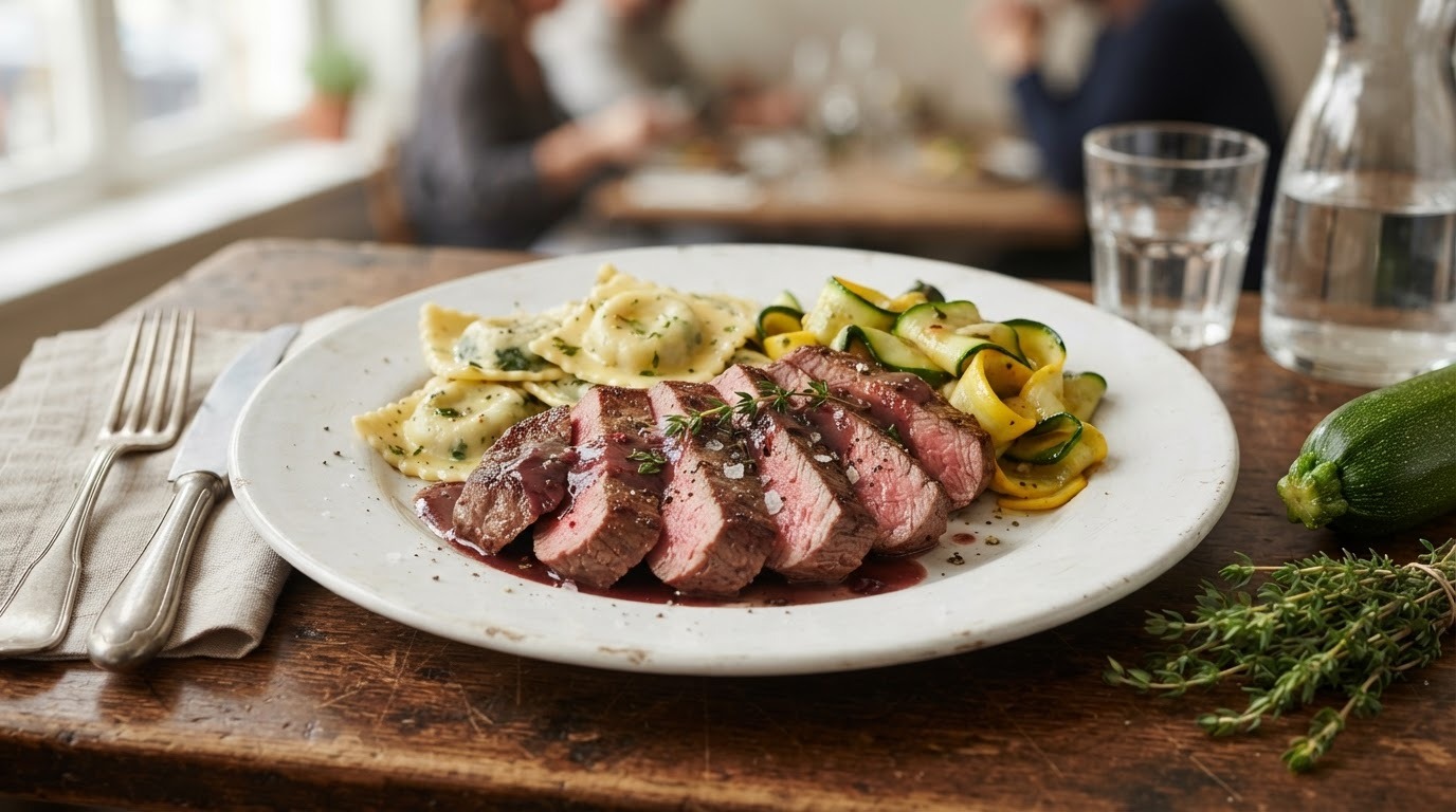 Biefstuk met Courgette en Ravioli