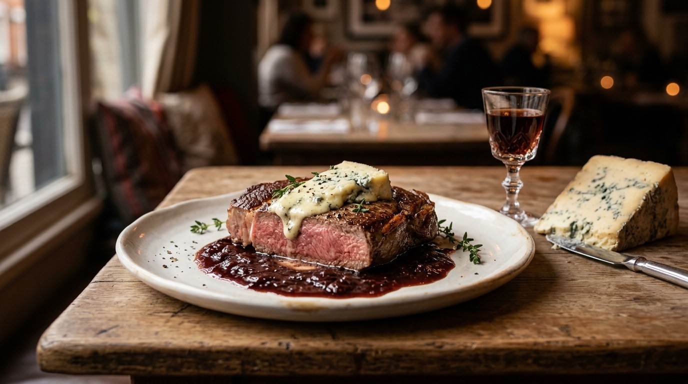 Biefstuk met Stilton en Rode-portsaus