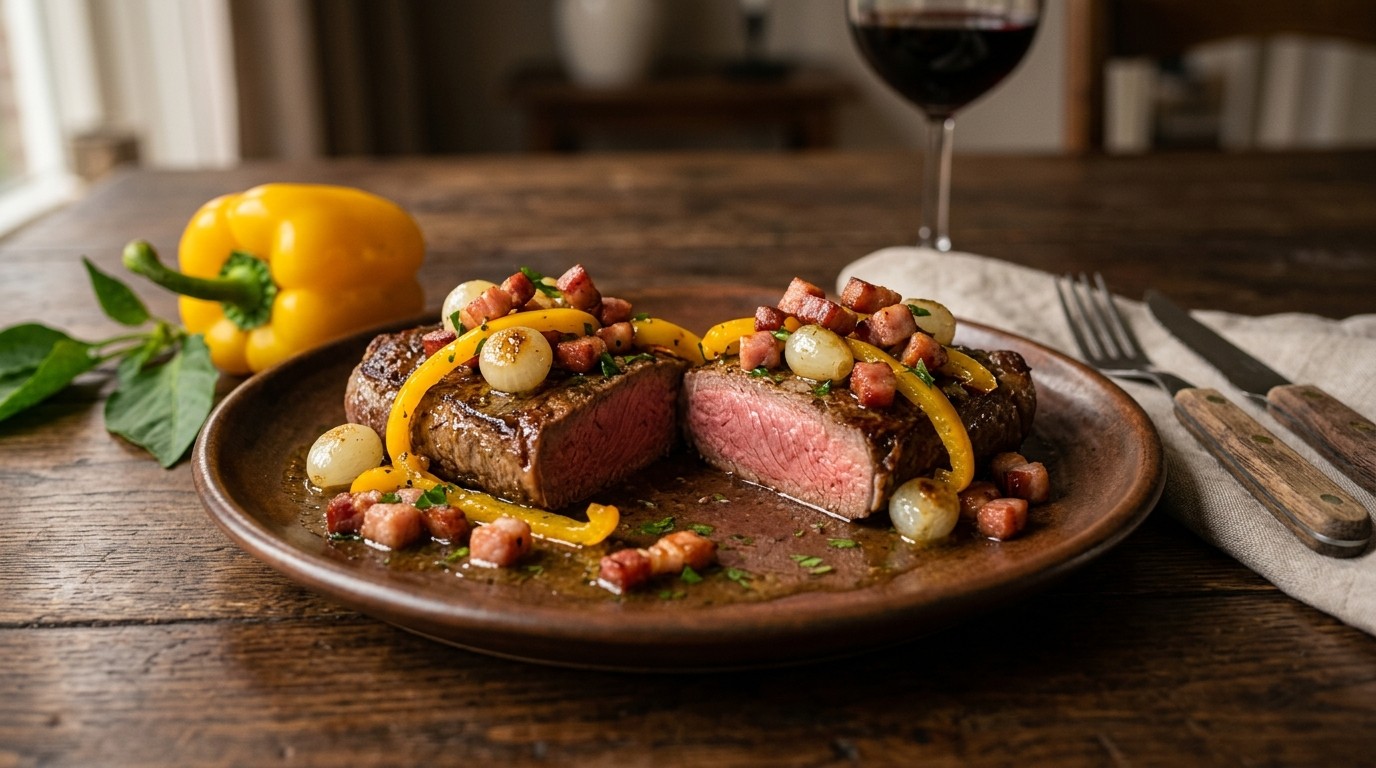 Biefstuk met Zilverui, Paprika en Spekjes