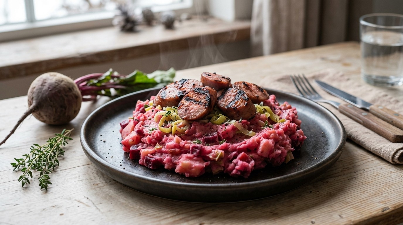 Bieten-aardappelstamppot met Grillworst