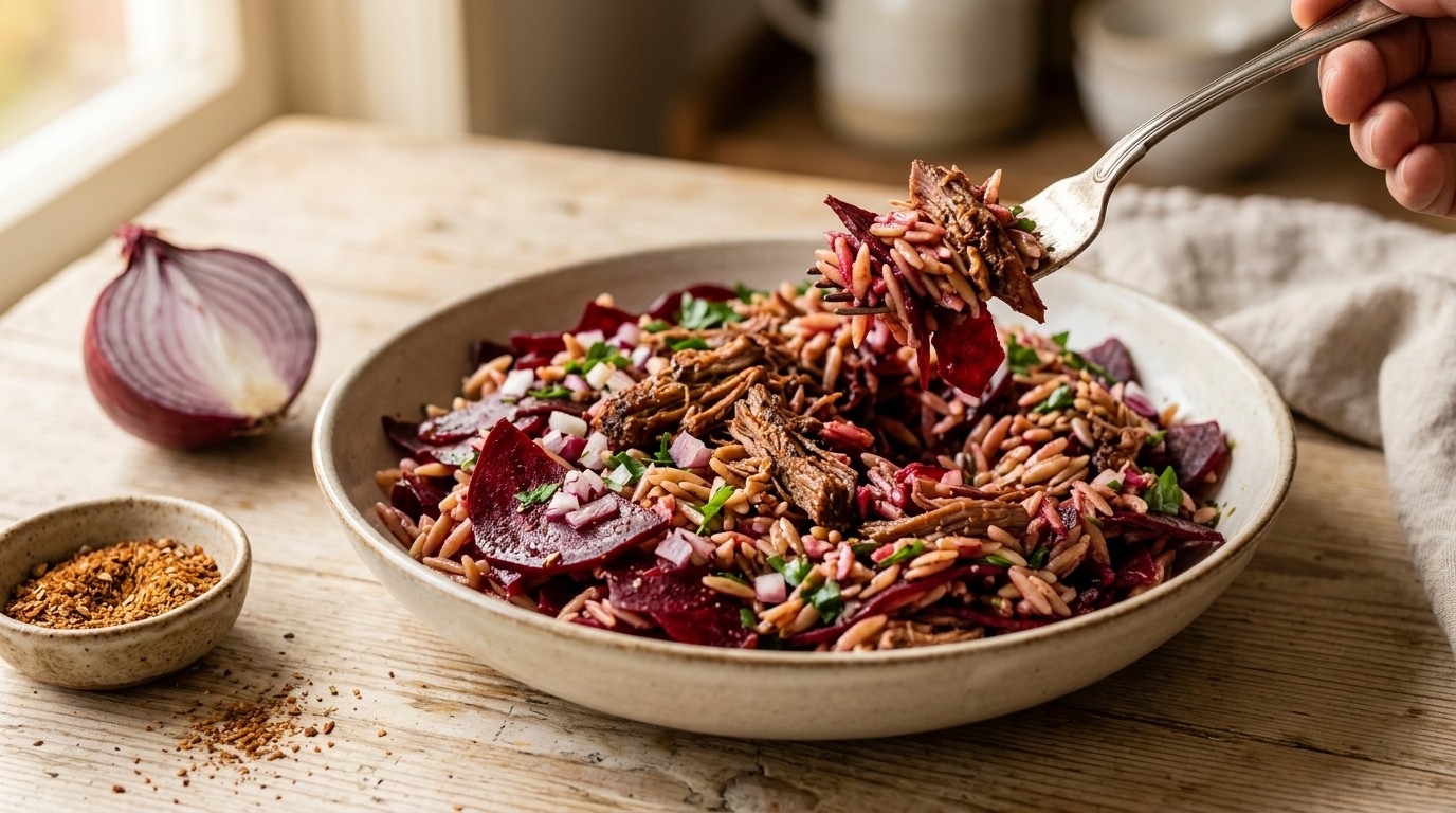 Bietensalade met Pulled Pork en Rijstkorrel Pasta