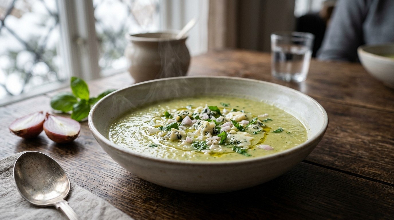 Bleekselderijsoep met Danish Blue, Sjalotjes, Basilicum en Peterselie