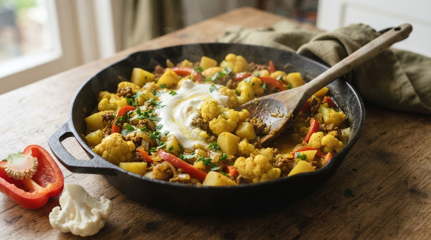 Bloemkool-gehaktschotel met Paprika en Kerrie