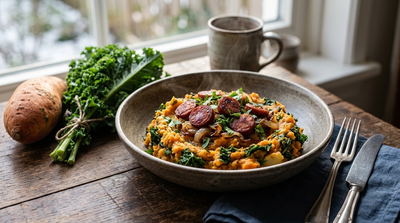 Boerenkoolsstampot met Chorizo en Zoete Aardappel
