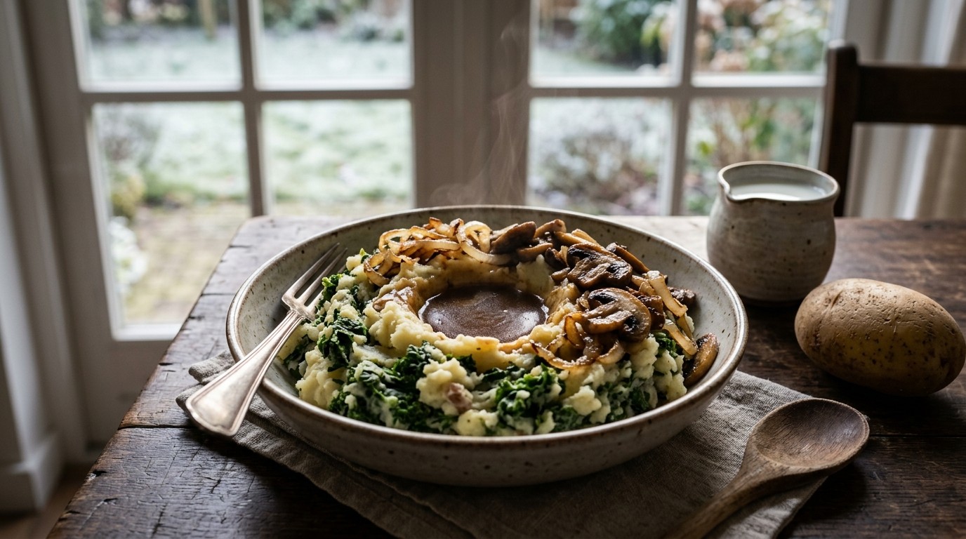 Boerenkoolstampot met ui en Champignons