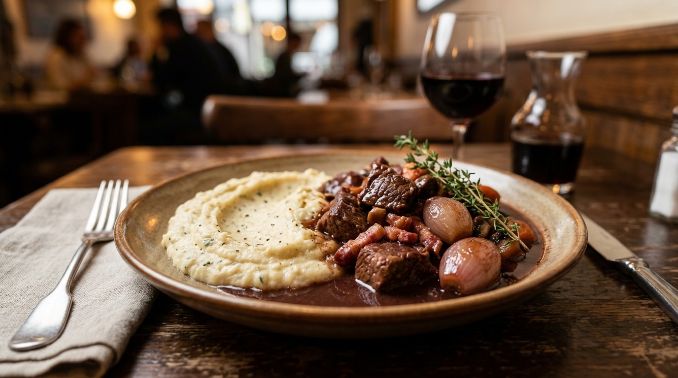 Boeuf Bourguignon met Aardappel-knolselderij Puree