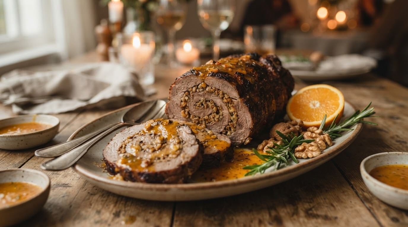 Boneka Domba Dengan Jeruk (gevulde Lamsrollade met Sinaasappelsaus uit de Oven}