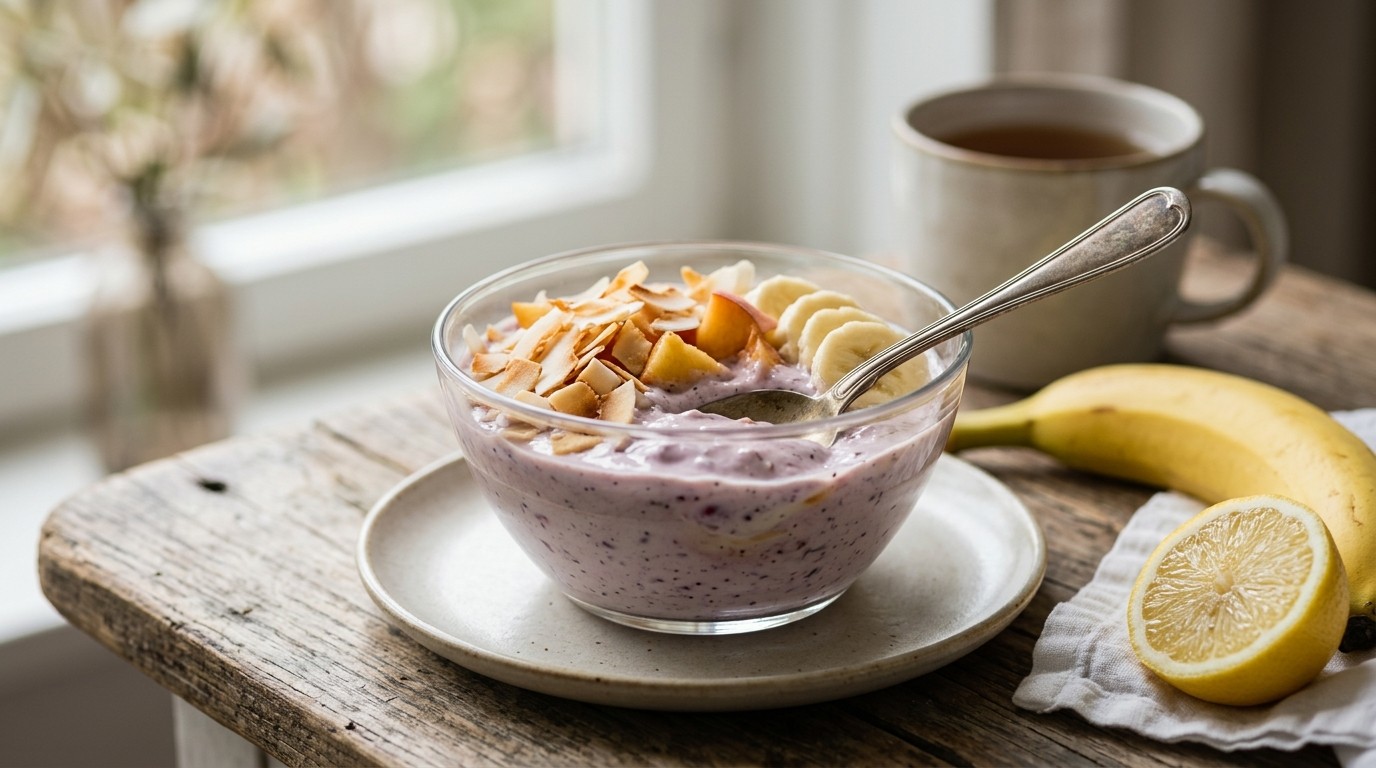 Bosvruchtenvanilleyoghurt met Geroosterde Kokos