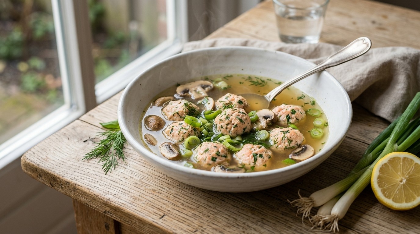 Bouillon met Zalmballetjes en Champignons