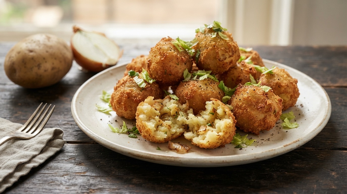 Bregedel (gebakken Aardappelballetjes Gekruid met Gebakken Uitjes)